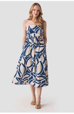 NWT Dress Forum Set Sail Strapless Abstract Print Smocked Midi Dress